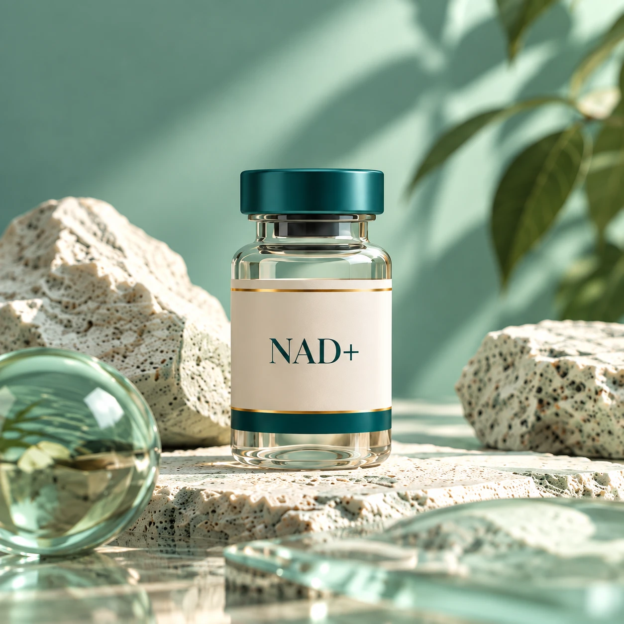 NAD+ vial among pale stones